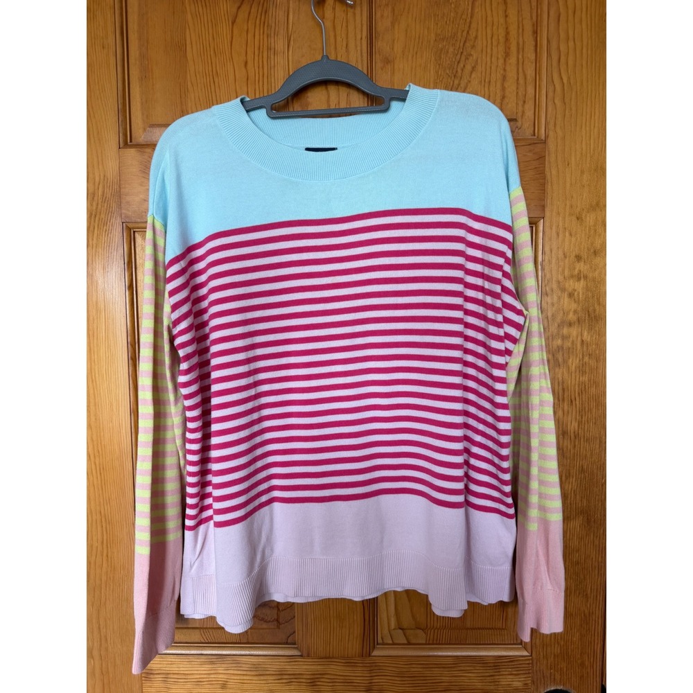 Lands End Womens XL 18 Pink Blue Striped Colorblock Cotton Crewneck Sweater